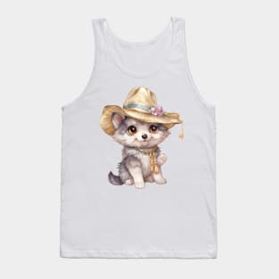 Gray Wolf in Straw Hat Tank Top